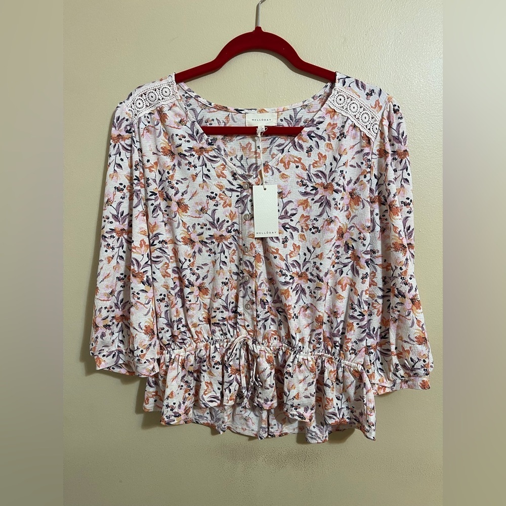 MELLODAY Floral Peplum Blouse sz L